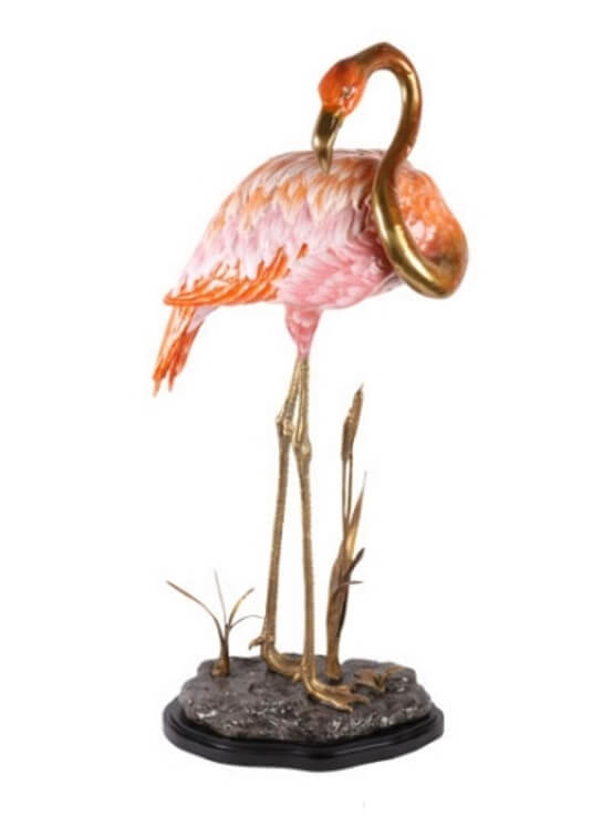 Flamingo aus Bronze und Porzellan - 81 cm hoch